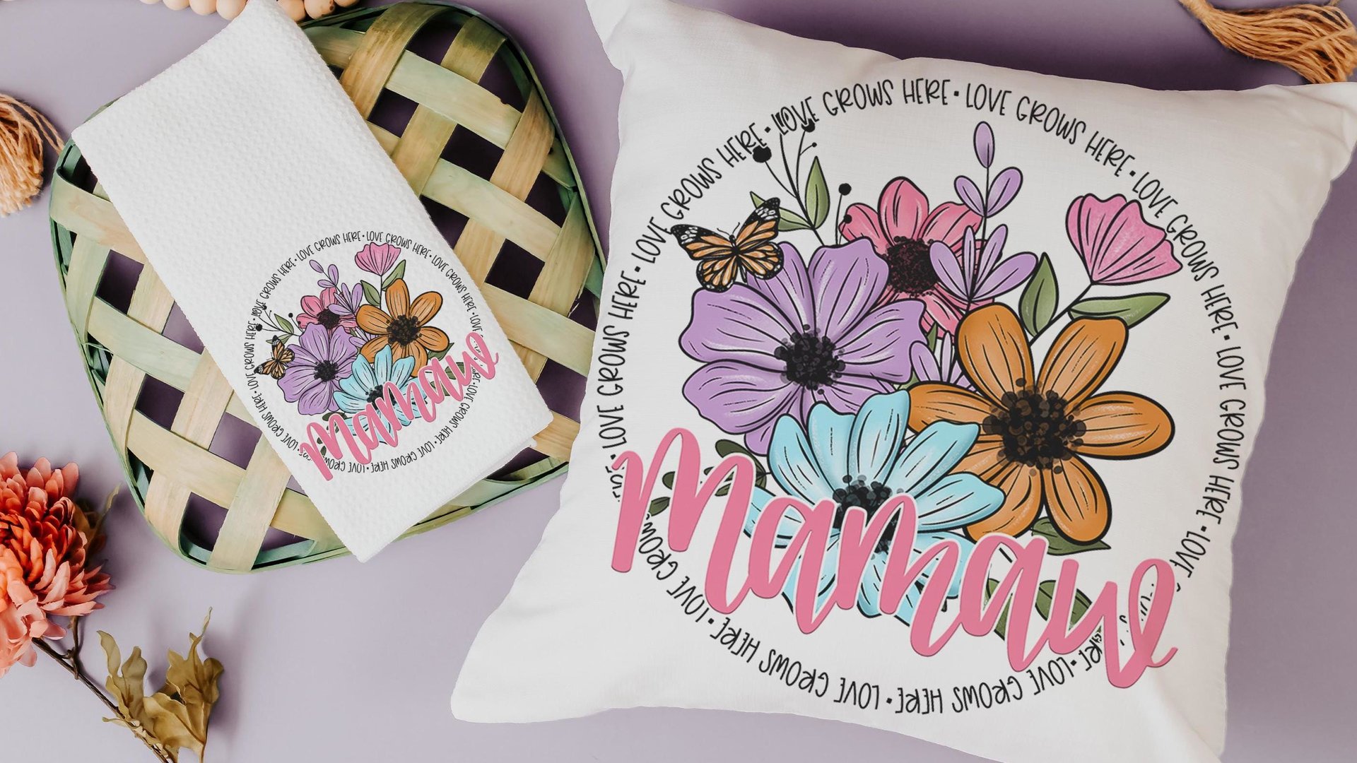 personalized love grows here decorative pillows for sofa, Mamaw gifts Mothers day gift from granddaughter, floral kitchen towels for Mom