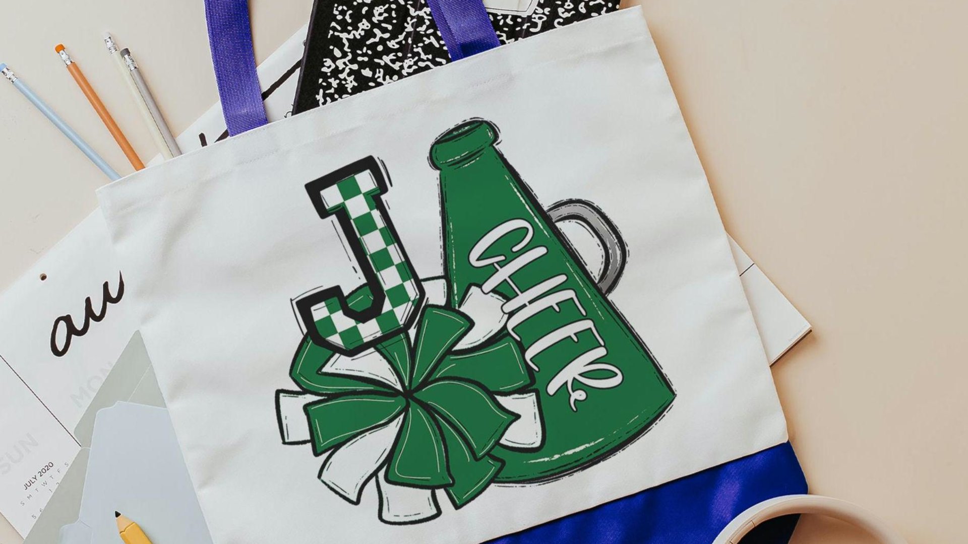personalized royal blue cheerleader tote bags for girls, back to school gifts for college students, initial tote bag for school, cheer mom