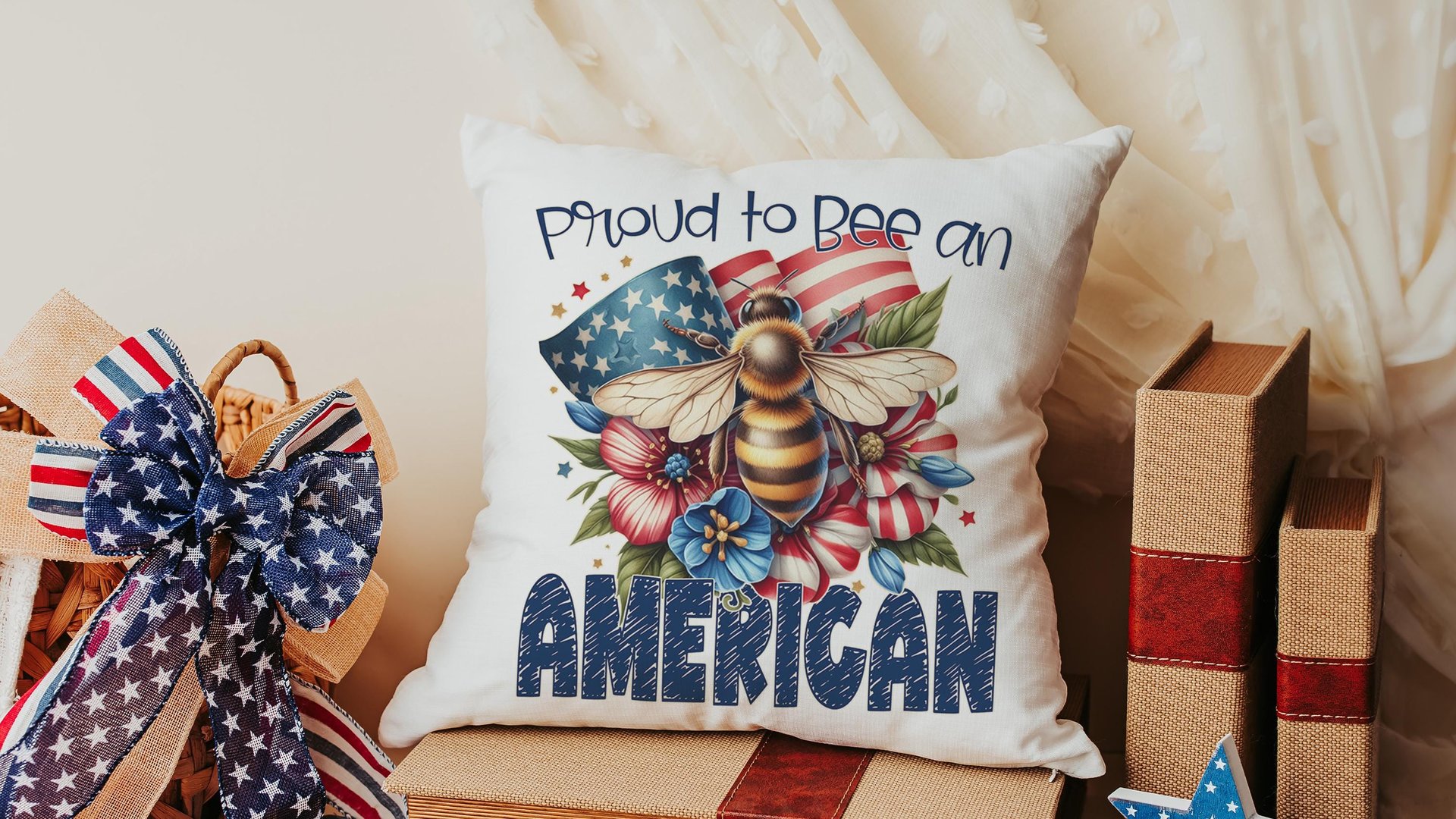 proud to be an American bumble bee throw pillows for living room, honey bee gifts for women, 4th of July accent pillows for couch, patriotic