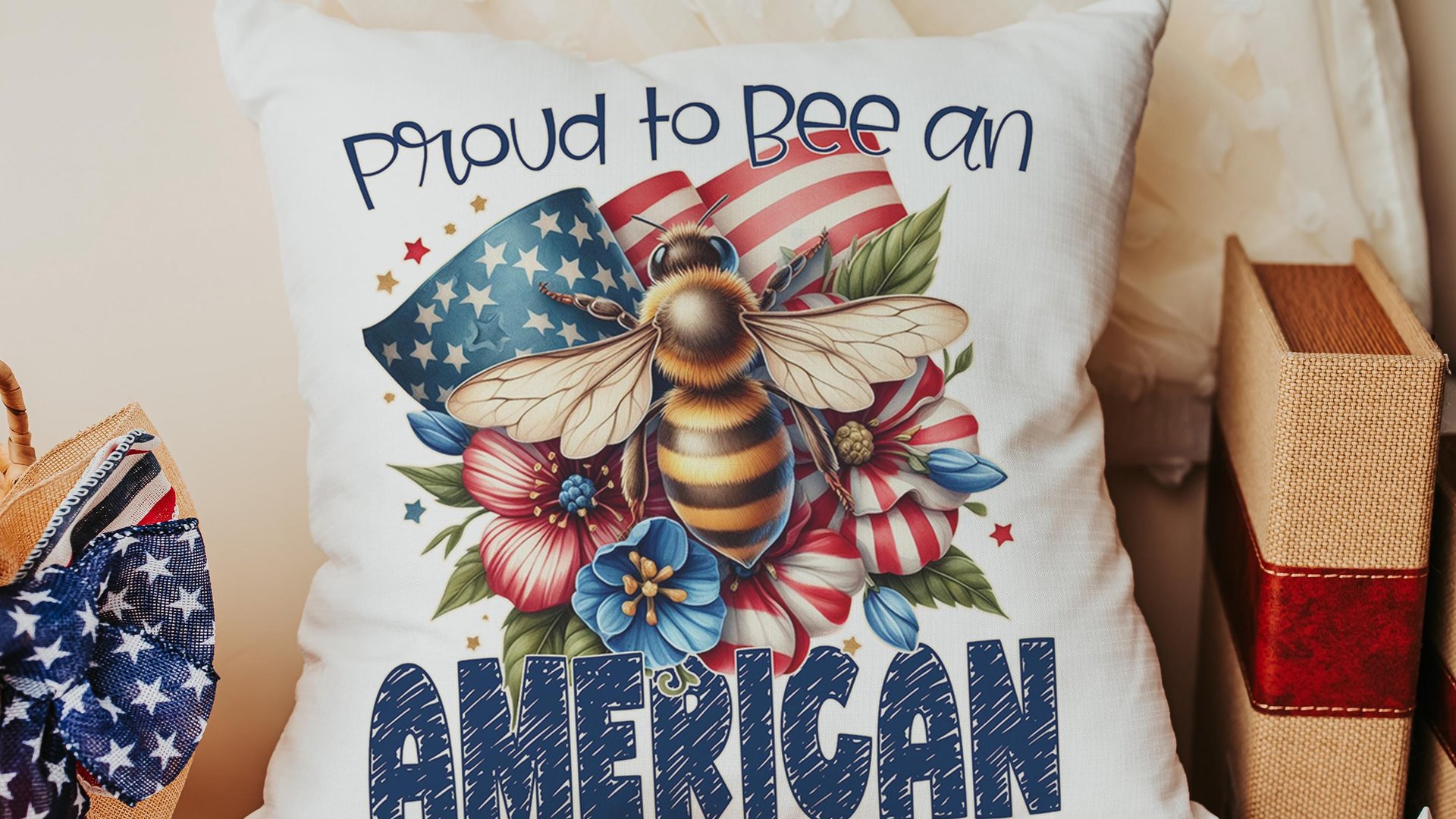 proud to be an American bumble bee throw pillows for living room, honey bee gifts for women, 4th of July accent pillows for couch, patriotic