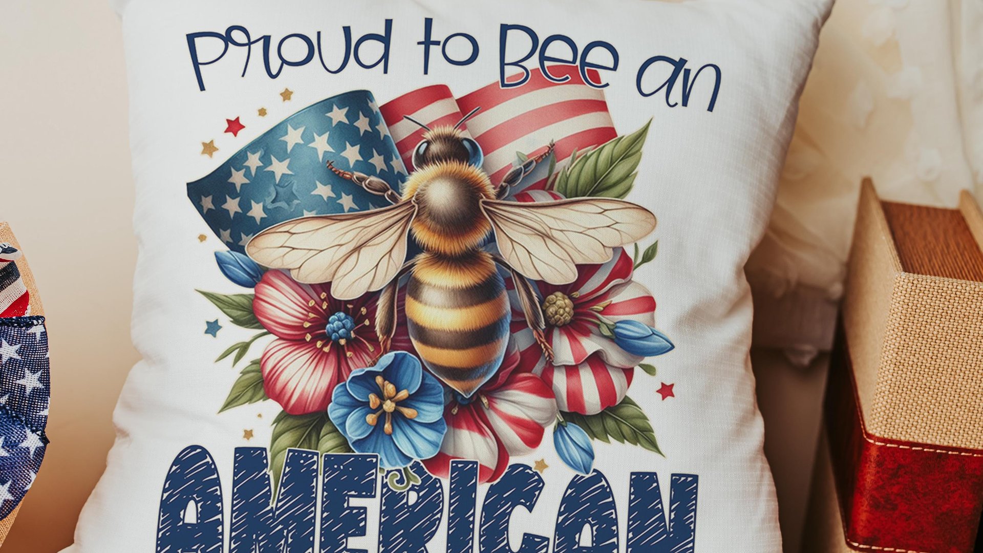 proud to be an American bumble bee throw pillows for living room, honey bee gifts for women, 4th of July accent pillows for couch, patriotic