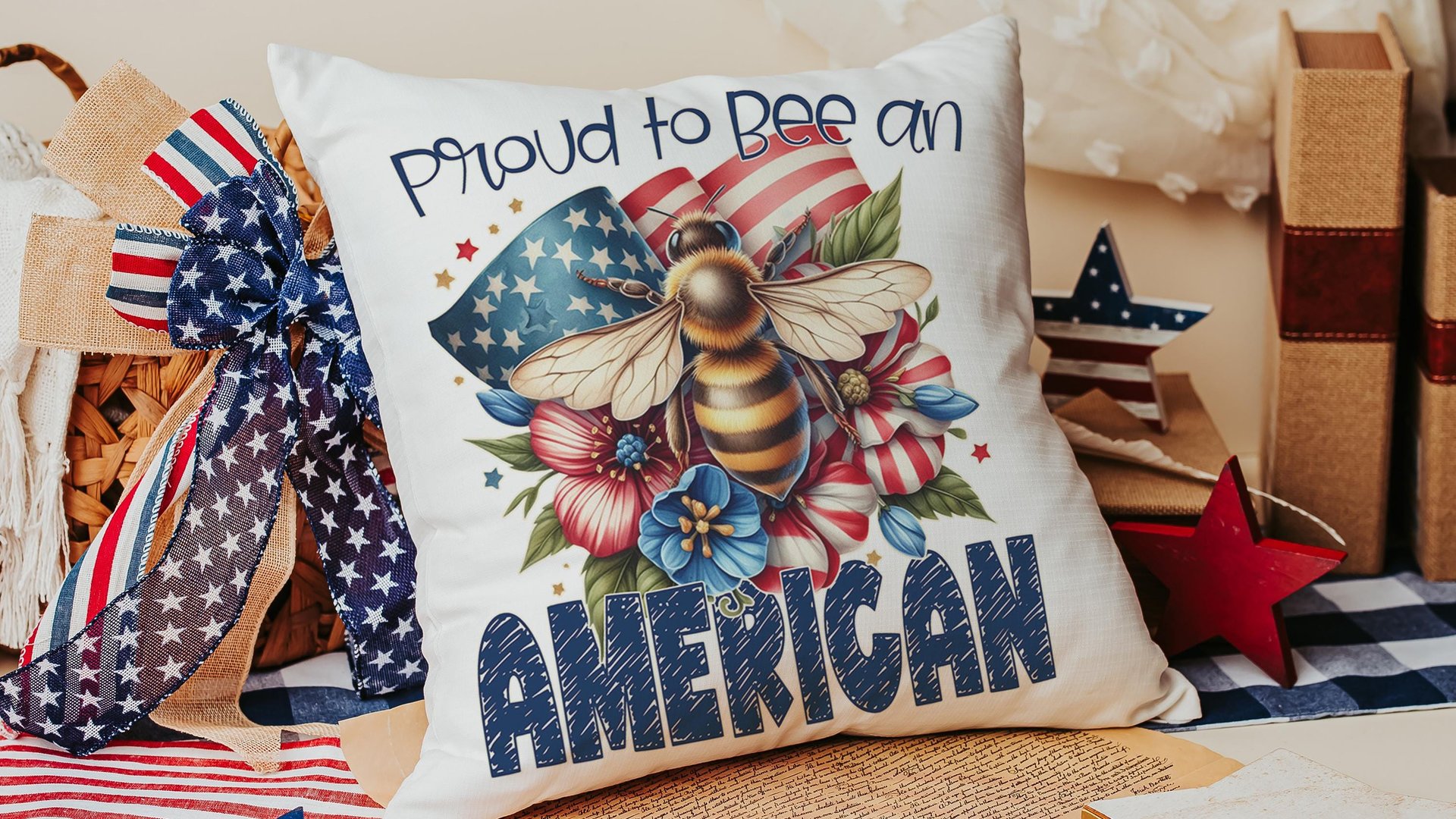 proud to be an American bumble bee throw pillows for living room, honey bee gifts for women, 4th of July accent pillows for couch, patriotic