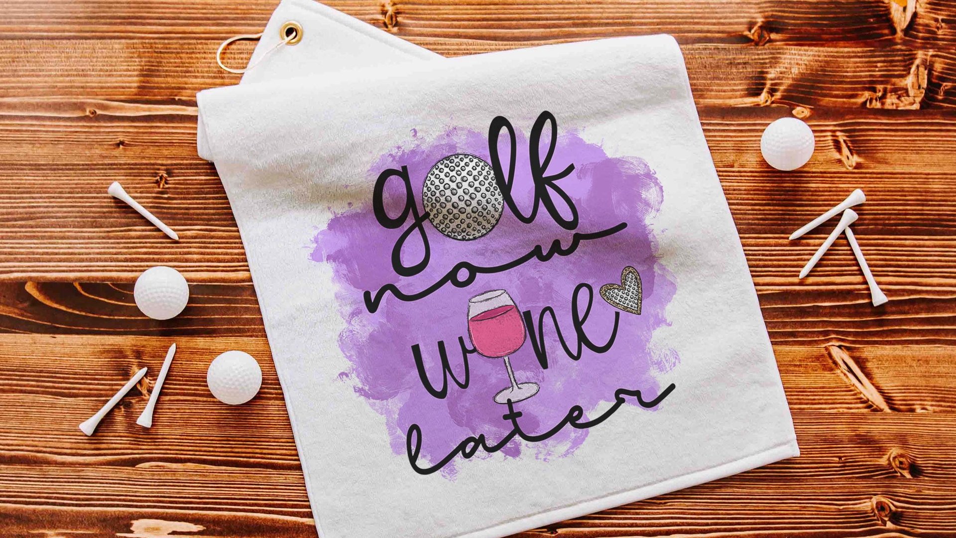 funny golf towel with grommet, golf now wine later golf bag towel for women, cute golf gifts for her, wine gifts for friends, ball towel