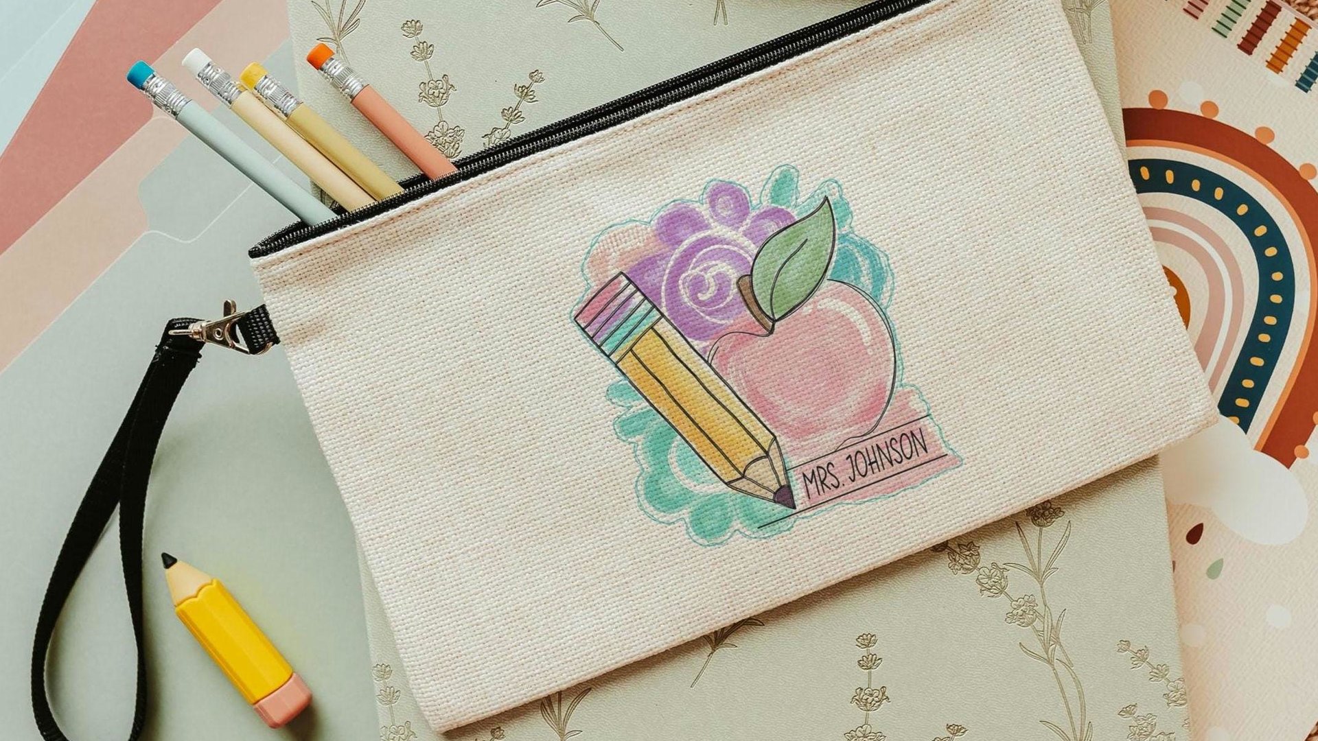 teacher coquette pencil pouch personalized pastel apple for teacher wristlet with name, cute teacher gifts for coworkers, teacher makeup bag