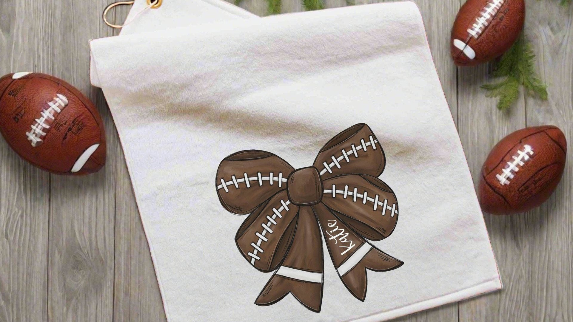 personalized football coquette bow football rally towel, custom game day football bow sports towel with name, cute football mom gifts, cheer
