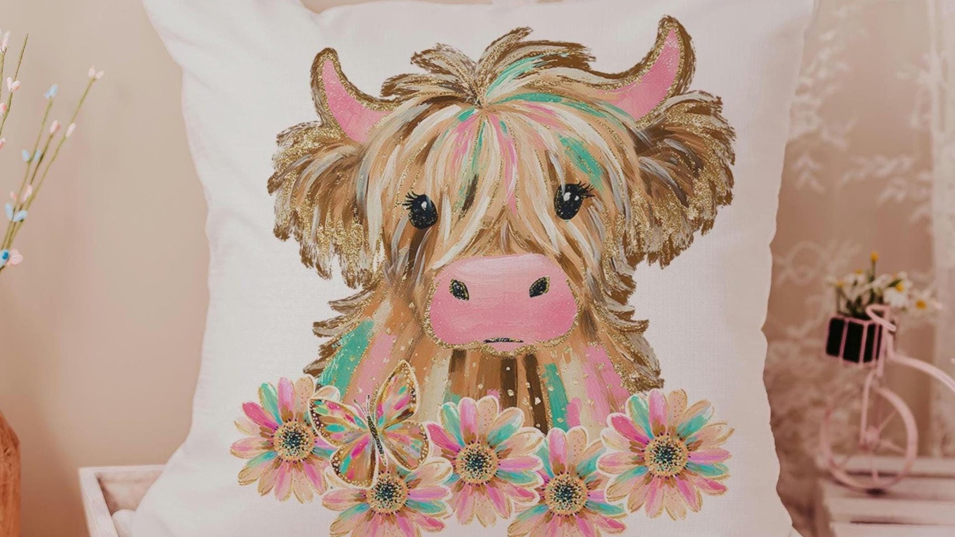 highland cow throw pillows for couch pink cow decor for bedroom, cute cow Christmas gifts for little girls, shaggy cow nursery decor girl