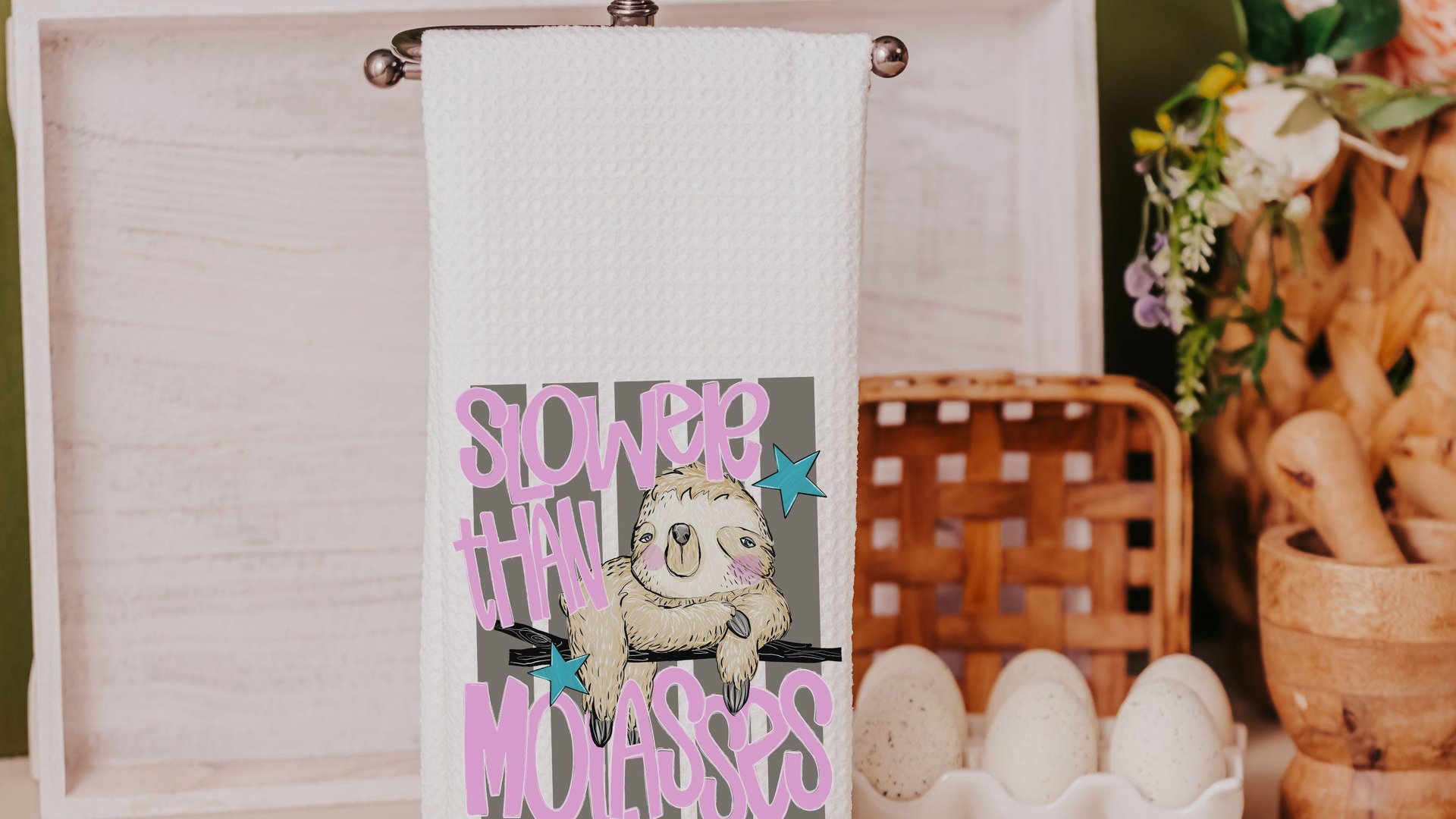 Slow as molasses sloth hand towels, moove over heifer farmhouse bathroom decor, winner winner funny chicken kitchen towels for summer, gifts