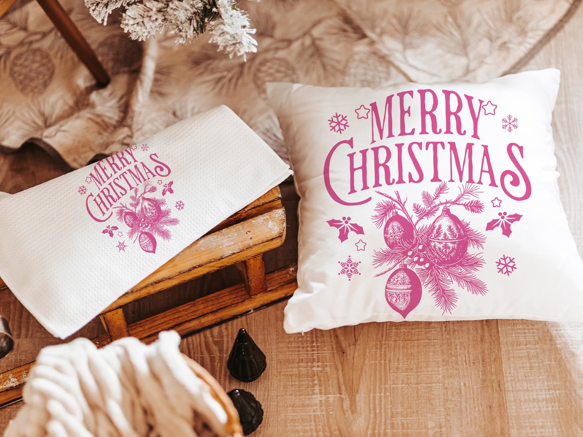 Black vintage Merry Christmas throw pillow & towel Christmas housewarming gift 