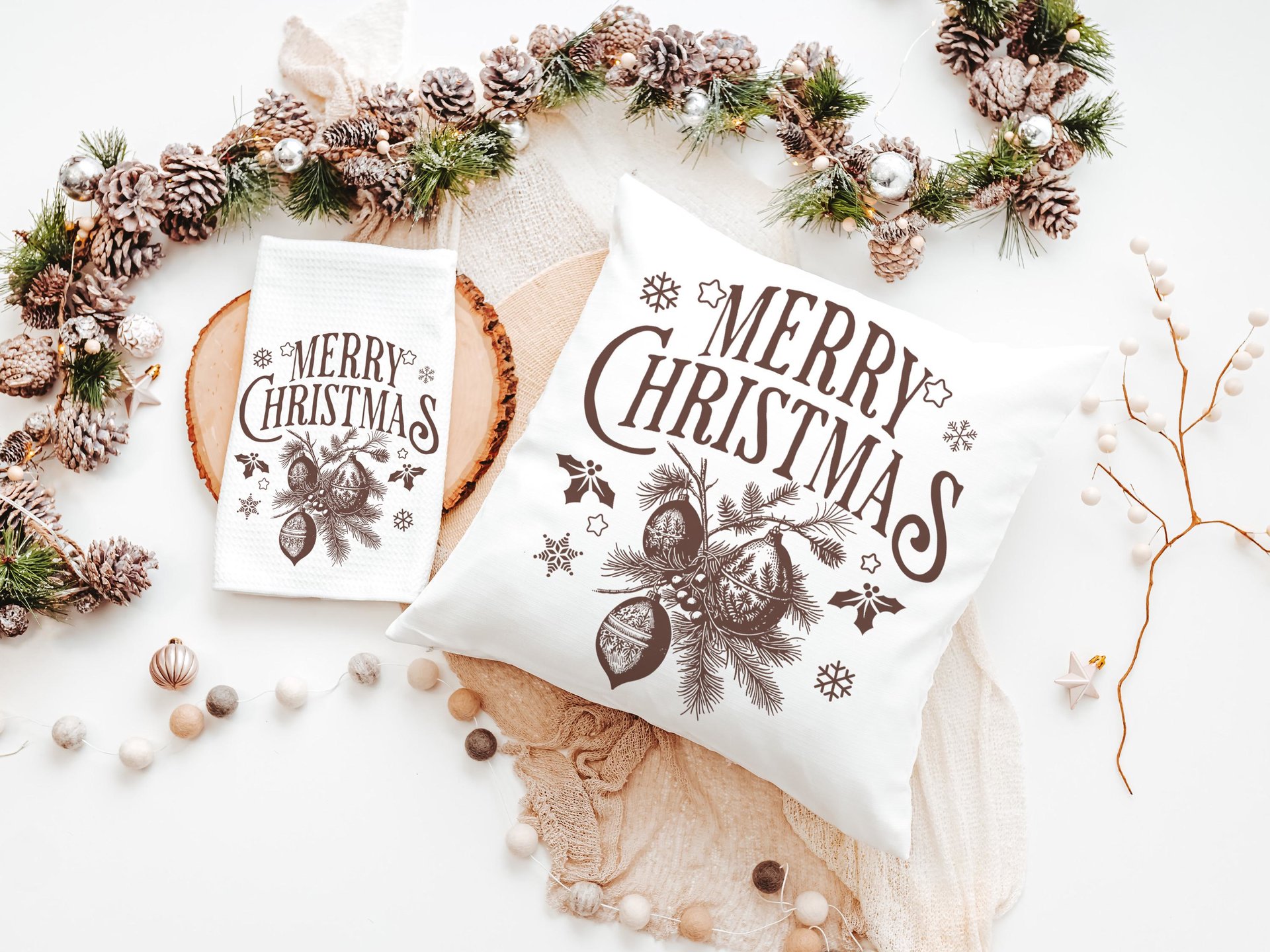 Black vintage Merry Christmas throw pillow & towel Christmas housewarming gift 