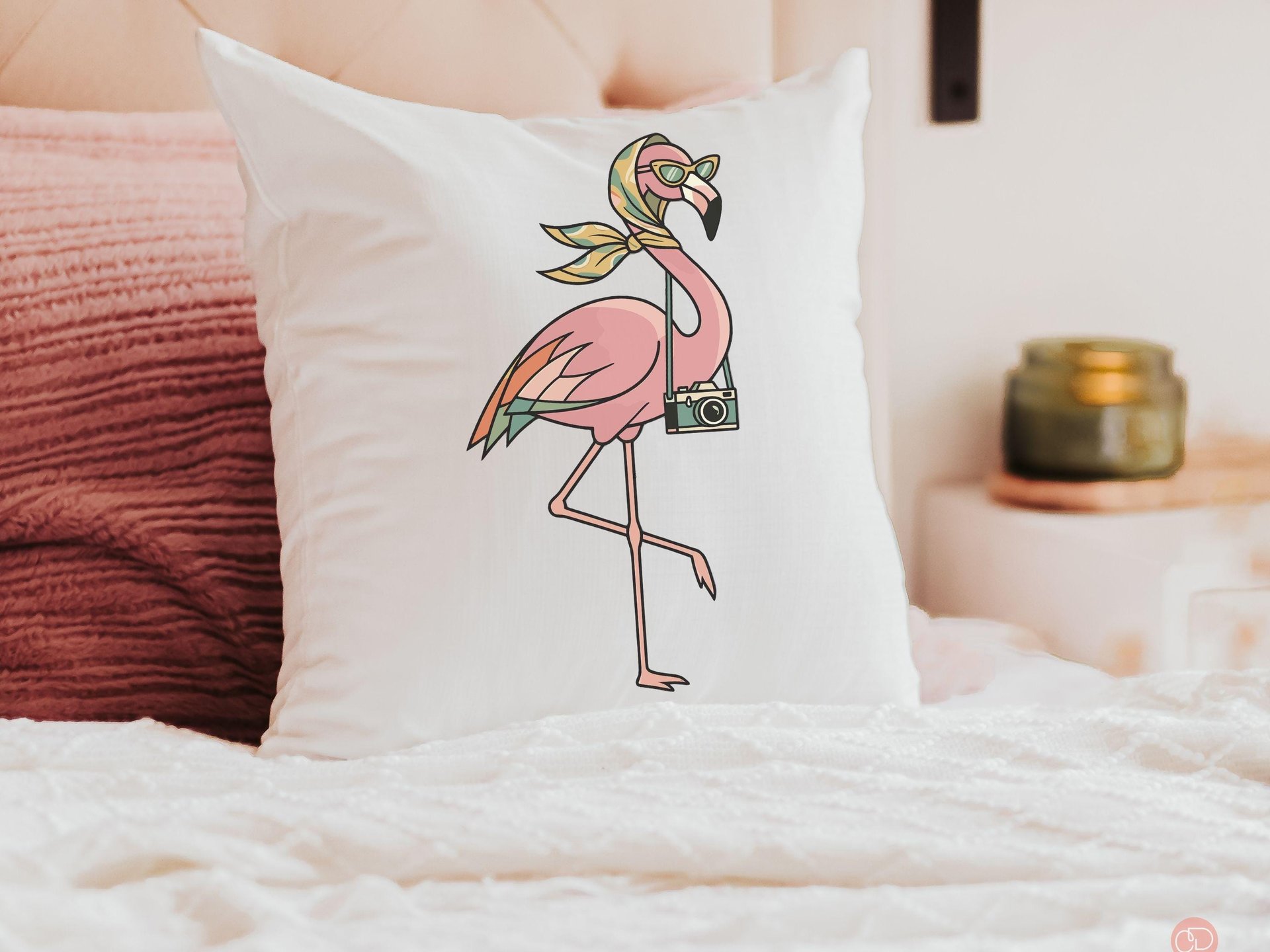 Retro travel boho flamingo throw pillows & towels for vacation home owner