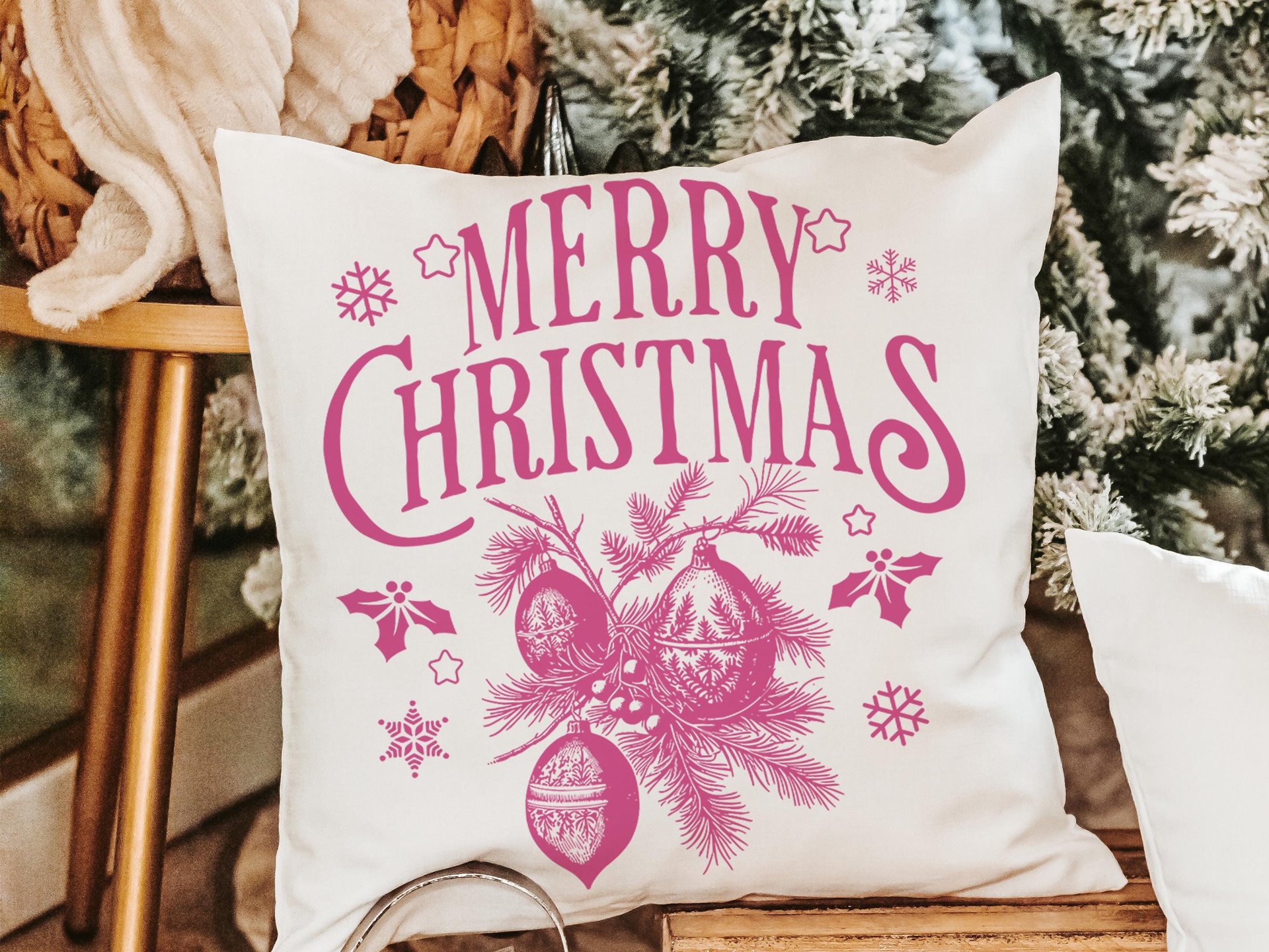 Vintage Pink Merry Christmas Throw Pillow & Kitchen Towel Set