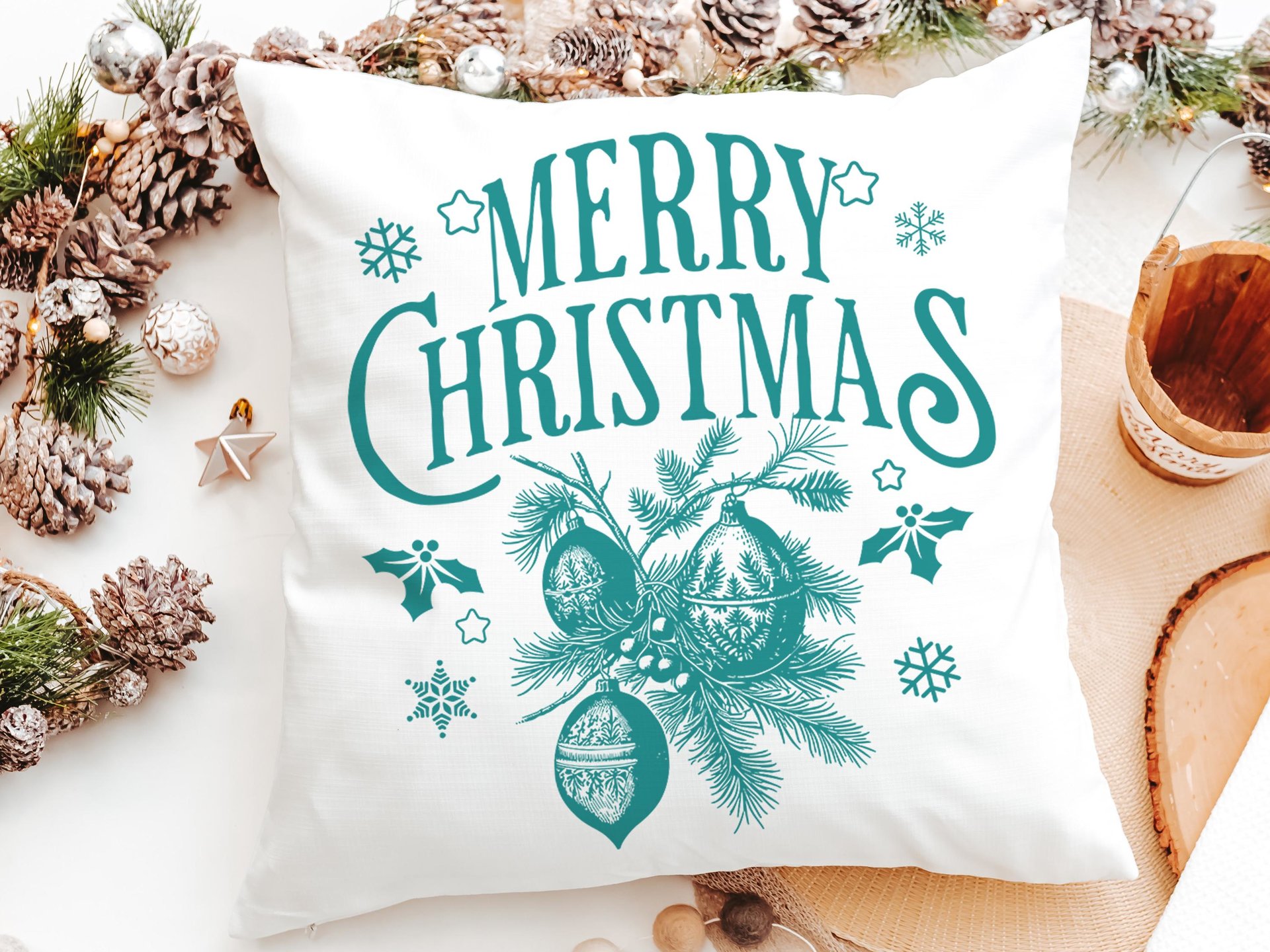 Vintage Merry Christmas throw pillow for sofa, Christmas housewarming gift for couple, farmhouse Christmas kitchen towel, teal Christmas