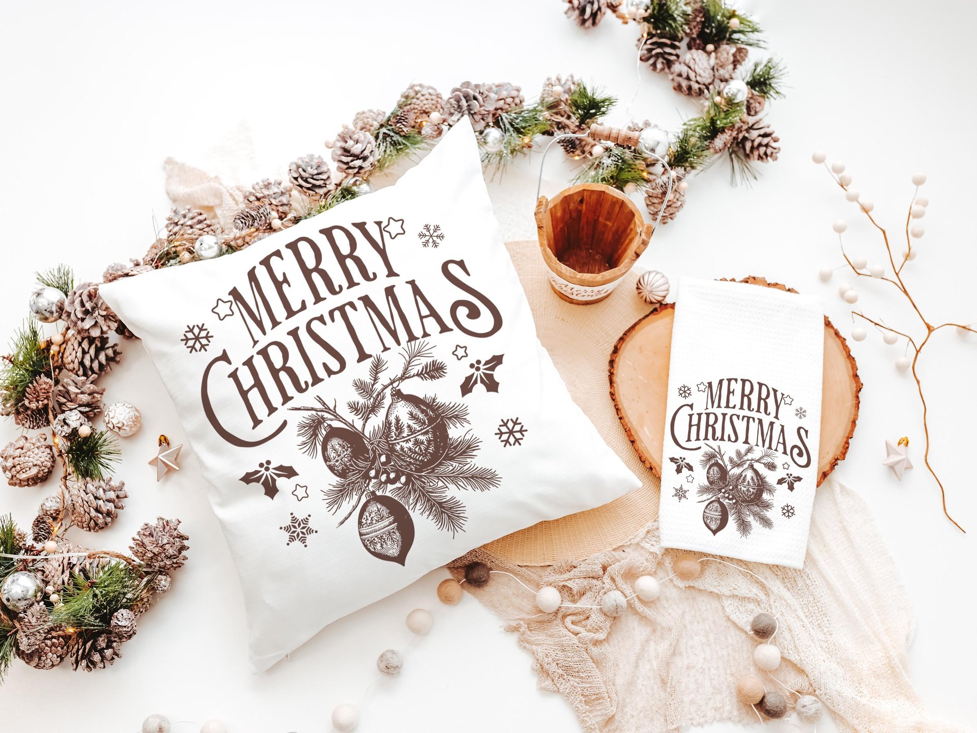 Maroon Merry Christmas throw pillow & towel for couple