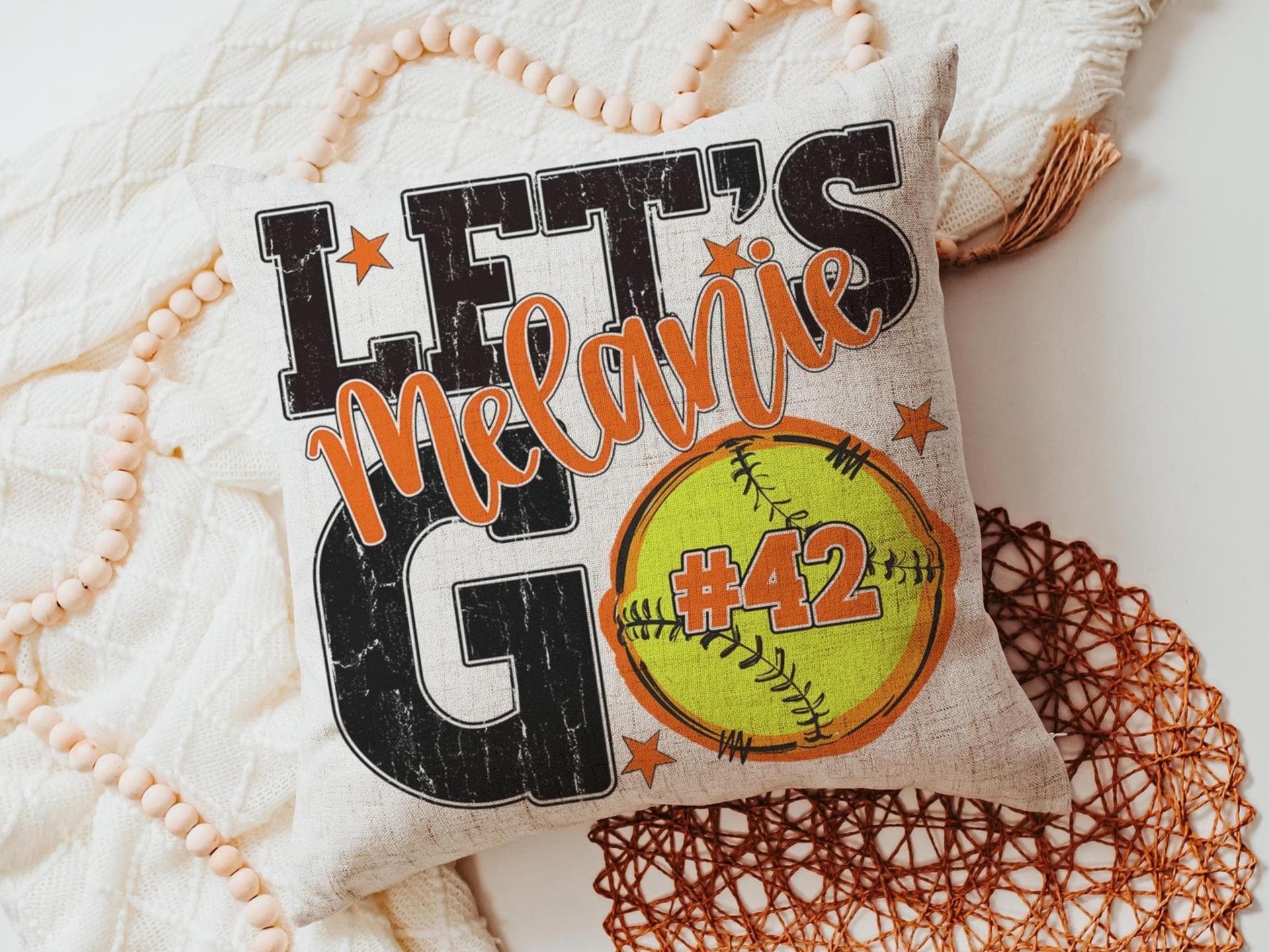 Personalized orange lets go softball pillow for daughter