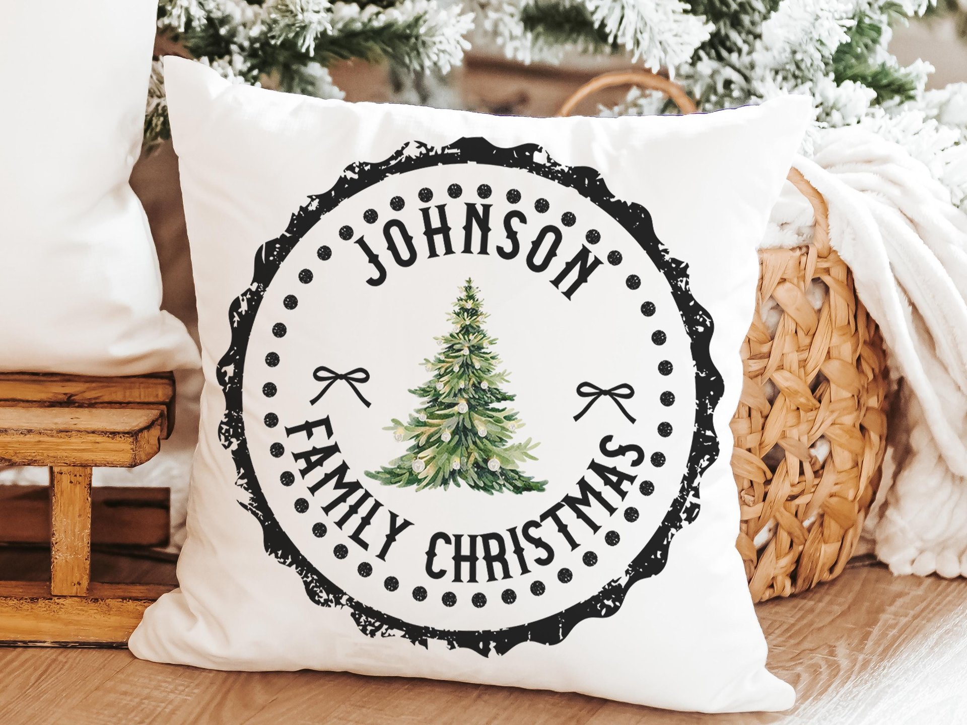 Personalized black stamp family name throw pillow for sofa