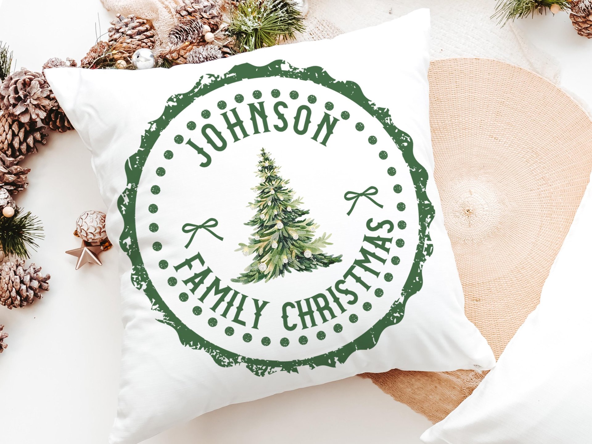 Personalized green stamp family name throw pillow for sofa