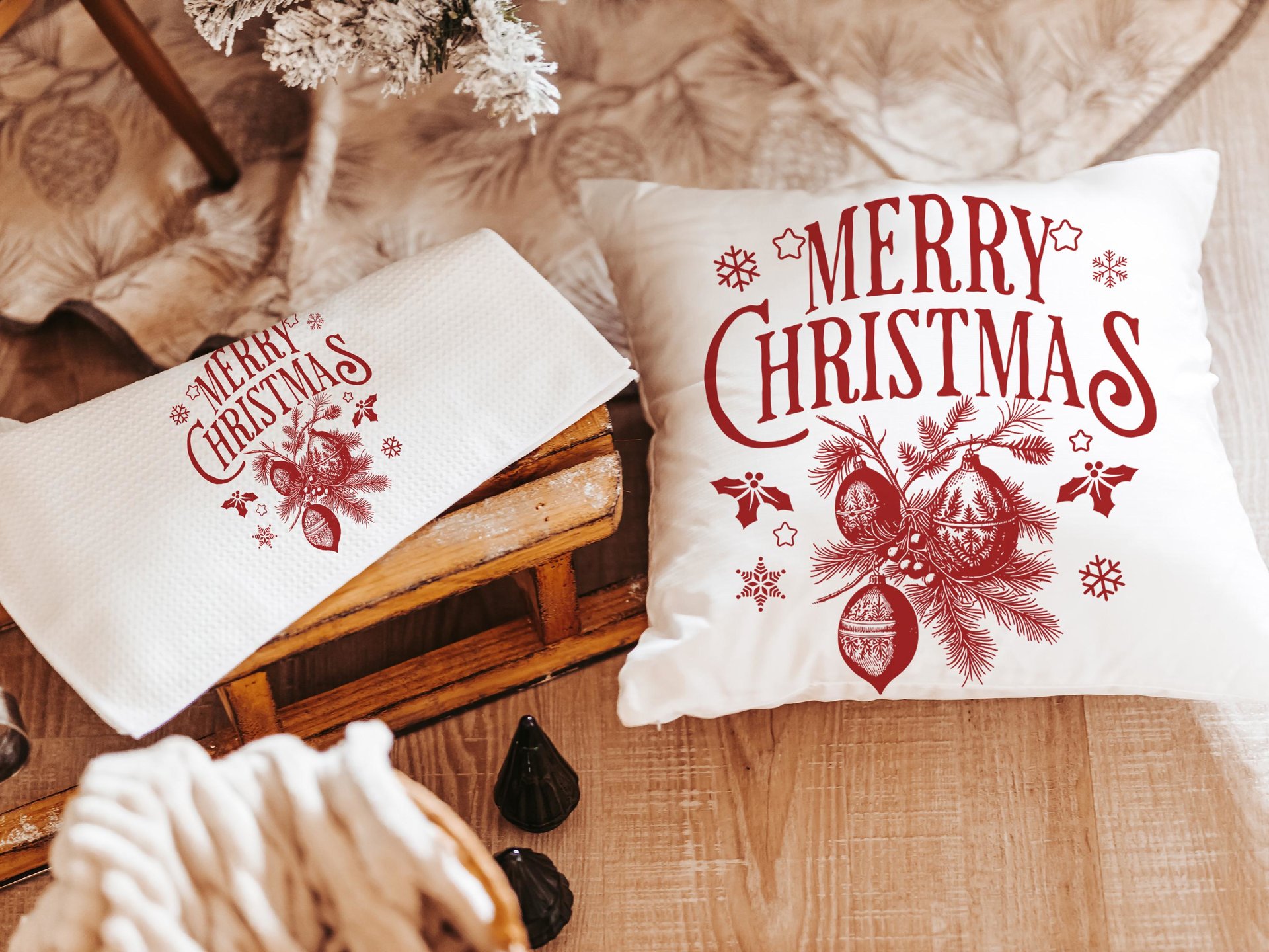Black vintage Merry Christmas throw pillow & towel Christmas housewarming gift 