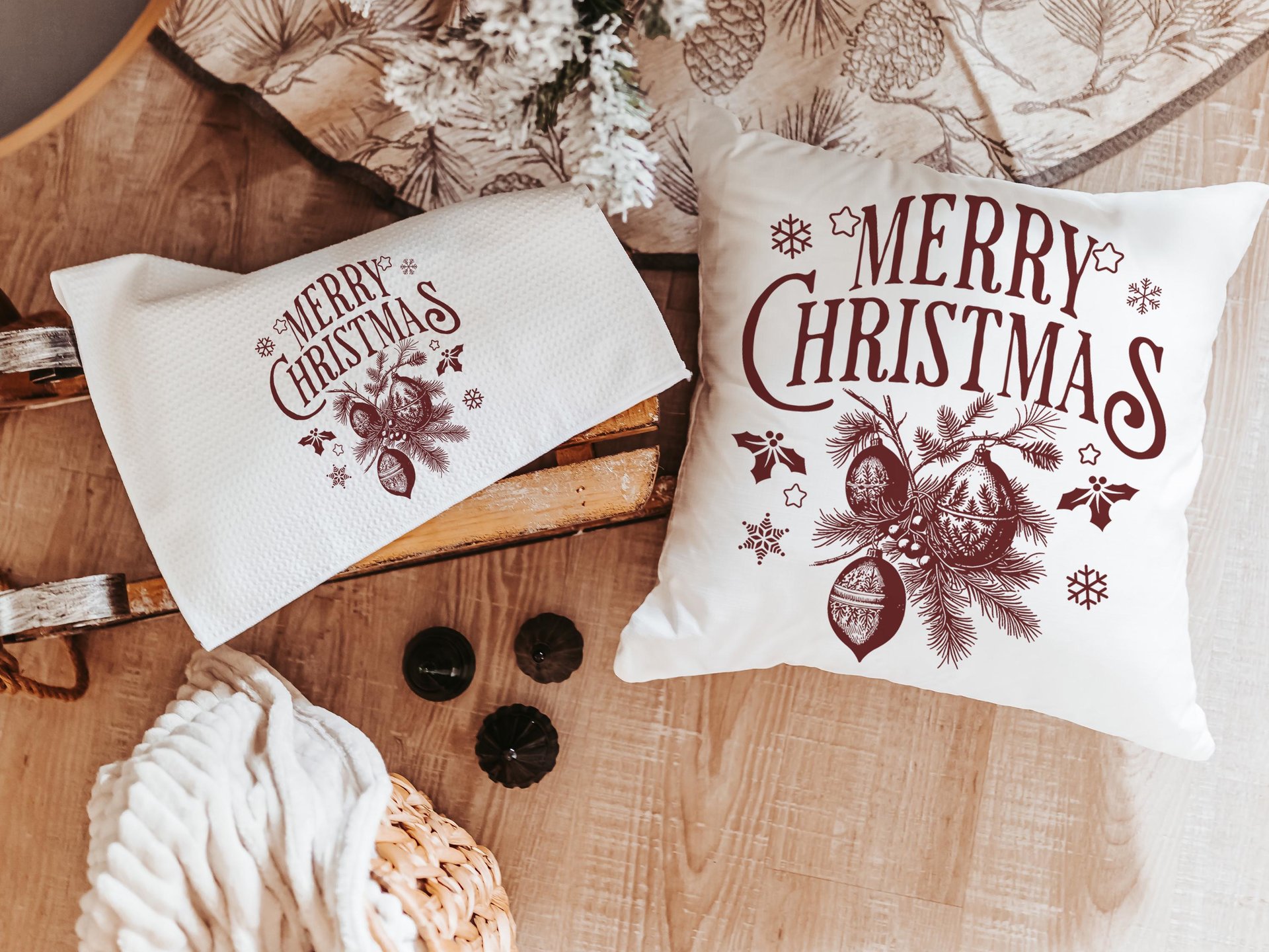 Black vintage Merry Christmas throw pillow & towel Christmas housewarming gift 