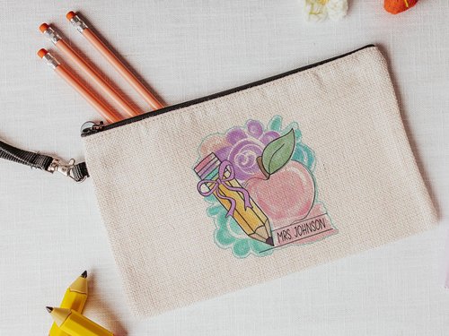 Personalized Watercolor Apple Teacher Pencil Pouch, 9.5x6