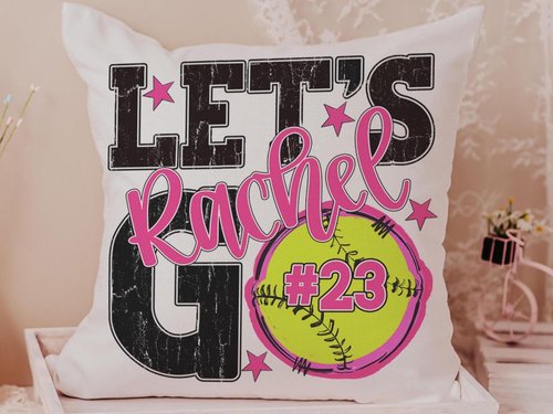 Personalized lets go softball pillow for daughter, pink softball school spirit decor, cute softball gifts for player, team number