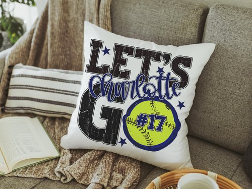 Personalized lets go softball pillow for daughter, pink softball school spirit decor, cute softball gifts for player, team number