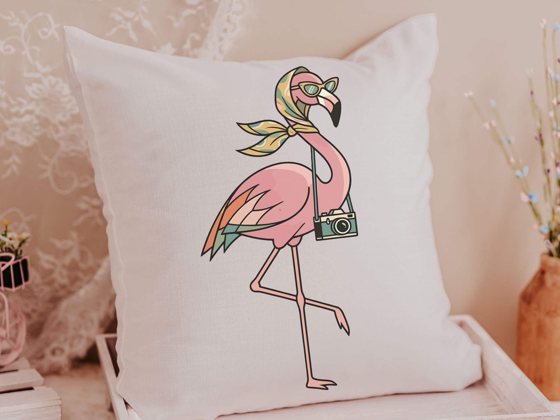 Retro travel boho flamingo throw pillows & towels for vacation home owner