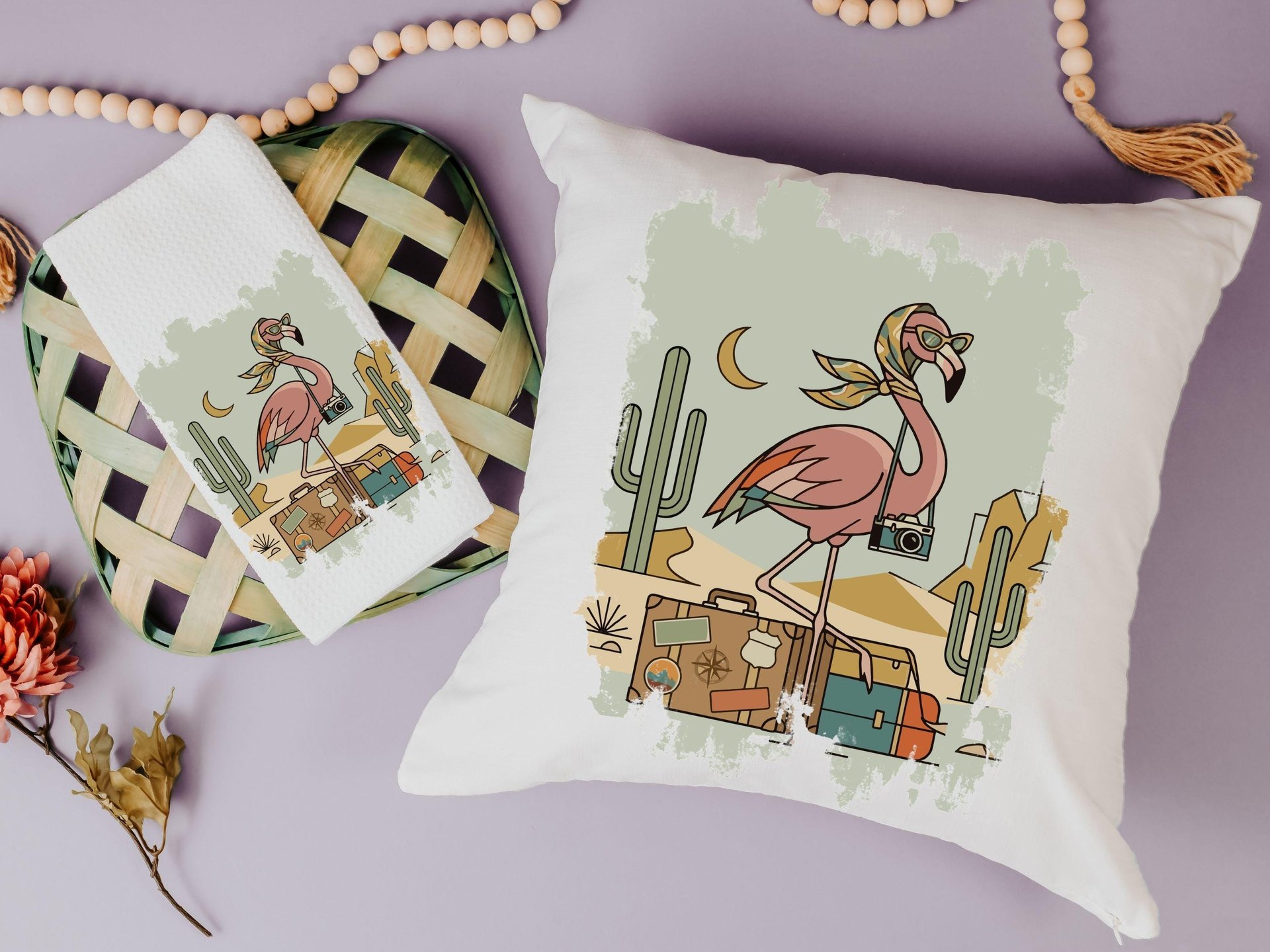 Retro travel boho flamingo throw pillows & towels for vacation home owner