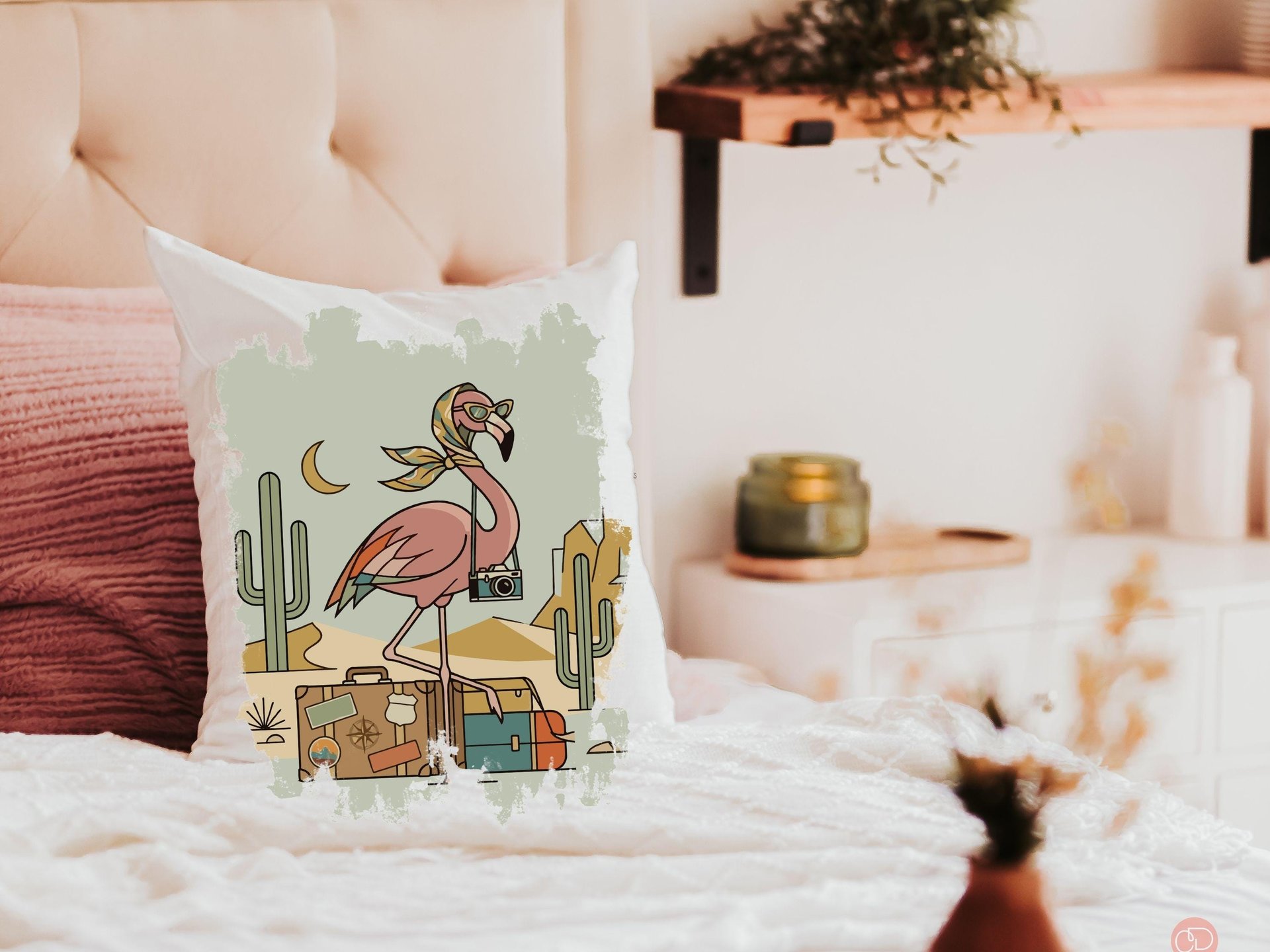 Retro travel boho flamingo throw pillows & towels for vacation home owner
