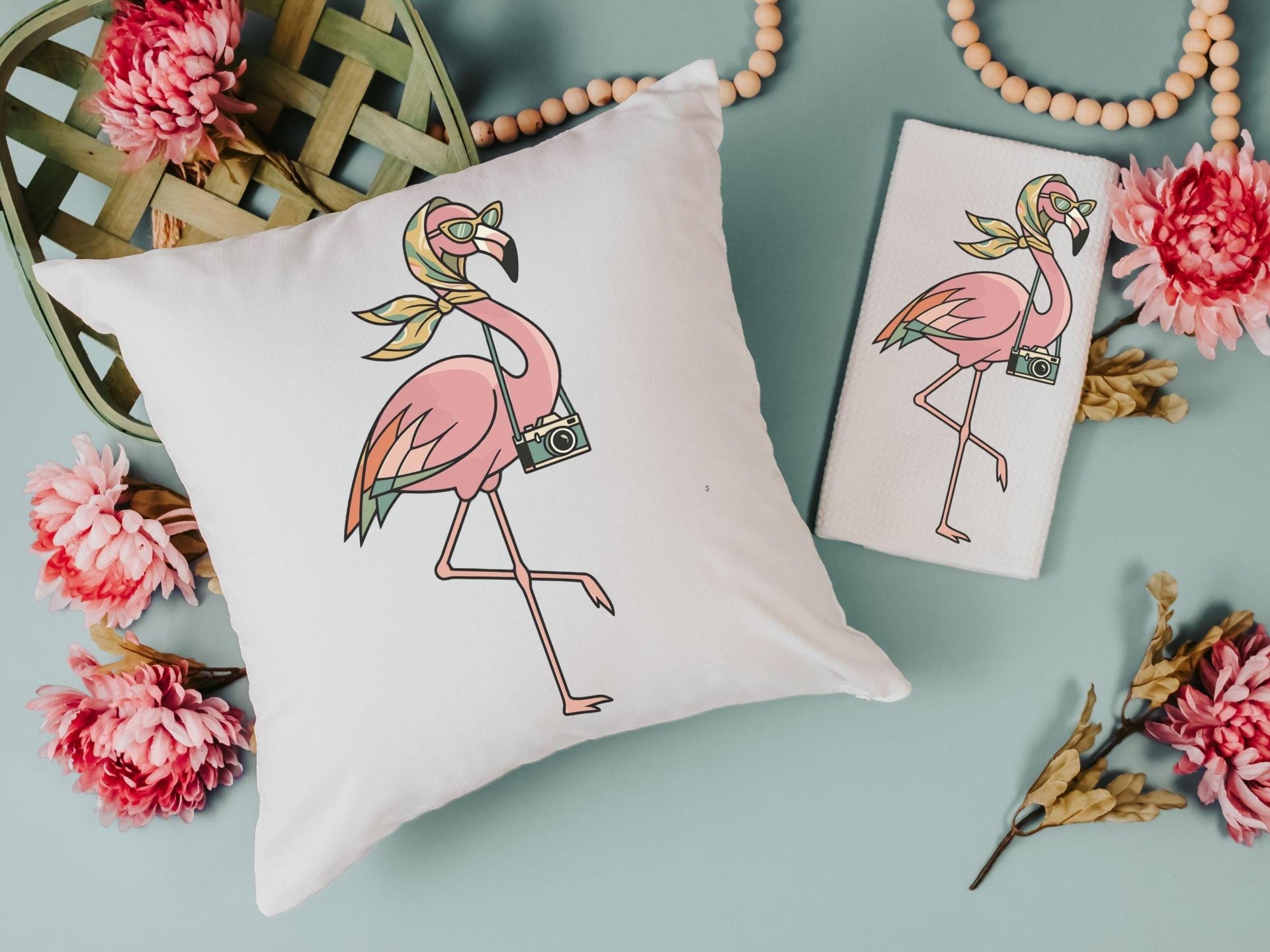 Retro travel boho flamingo throw pillows & towels for vacation home owner