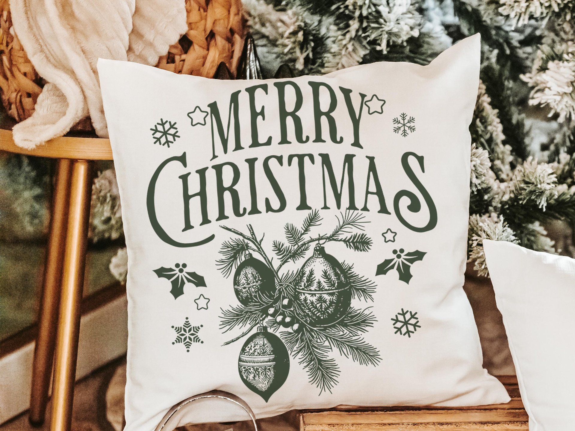 Evergreen Merry Christmas throw pillow & towel gift for couple