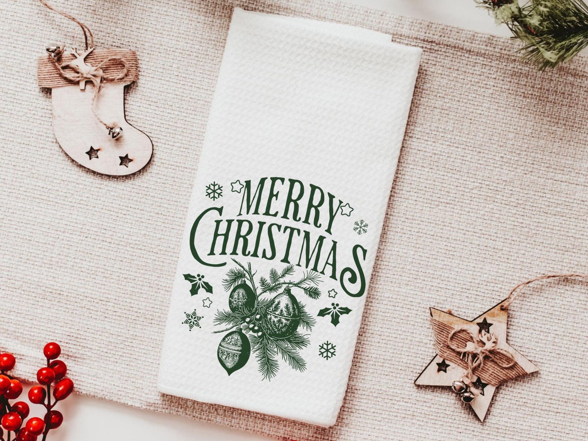 Evergreen Merry Christmas throw pillow & towel gift for couple
