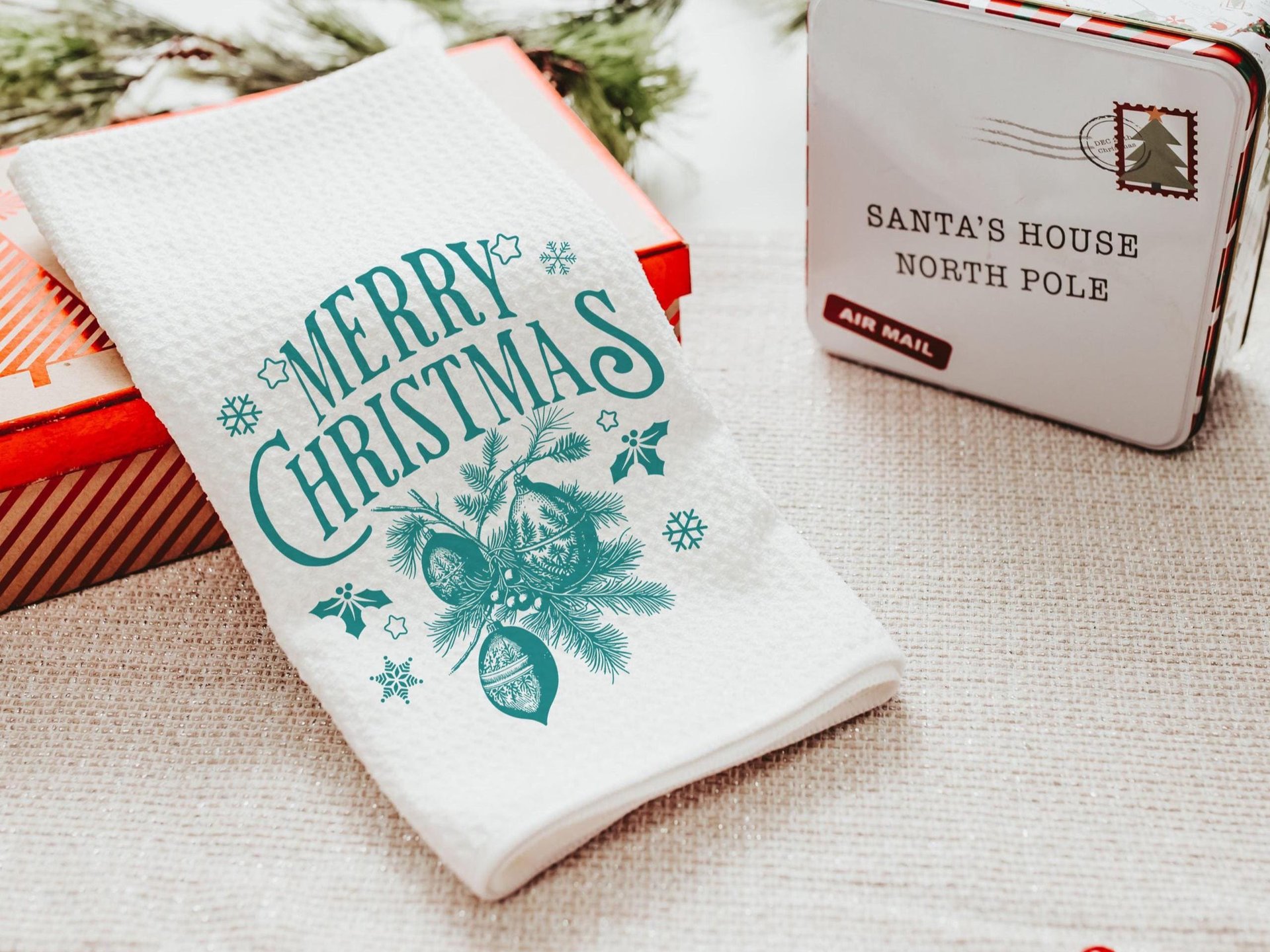 Vintage Merry Christmas throw pillow for sofa, Christmas housewarming gift for couple, farmhouse Christmas kitchen towel, teal Christmas