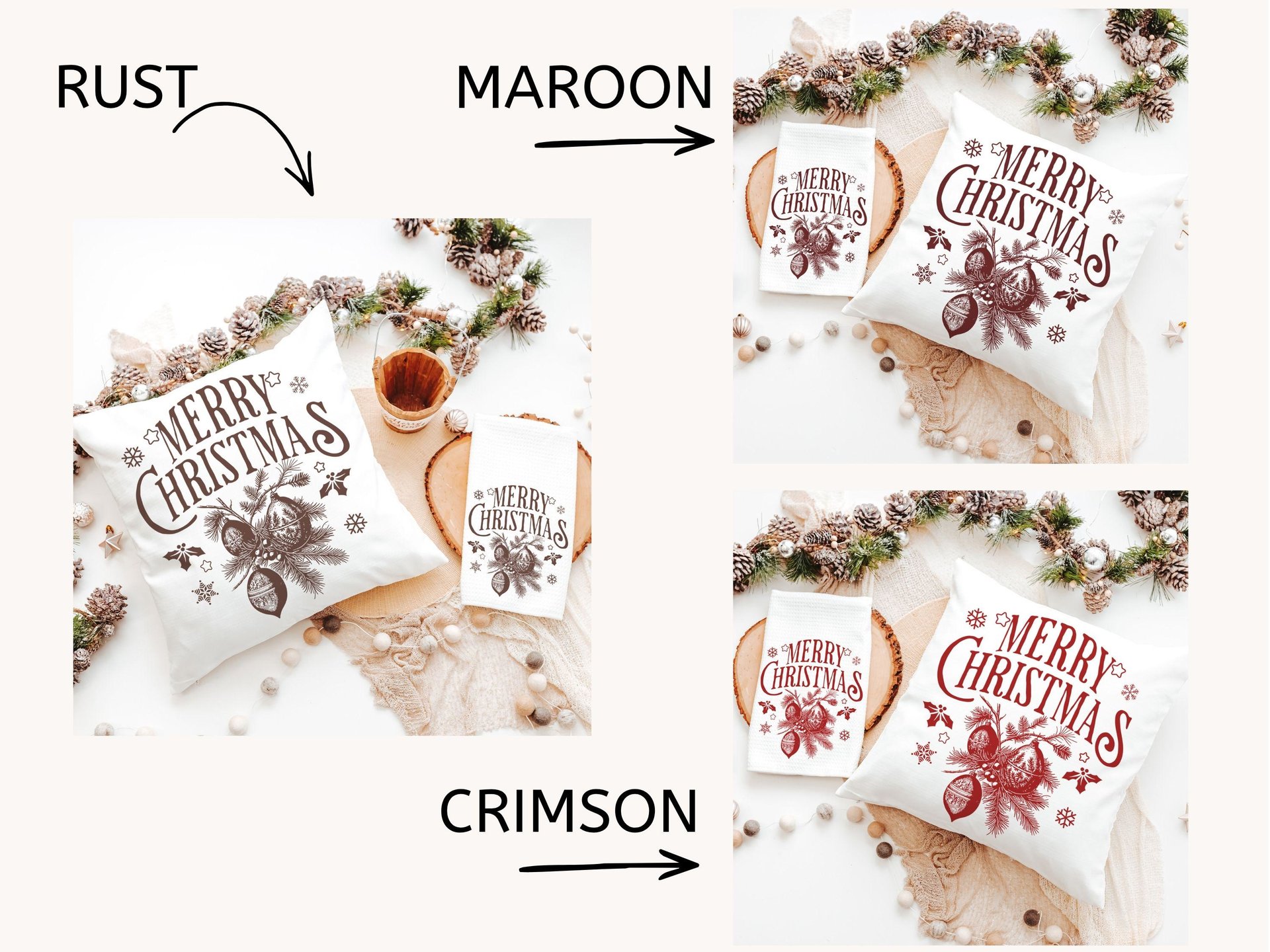 Maroon Merry Christmas throw pillow & towel for couple