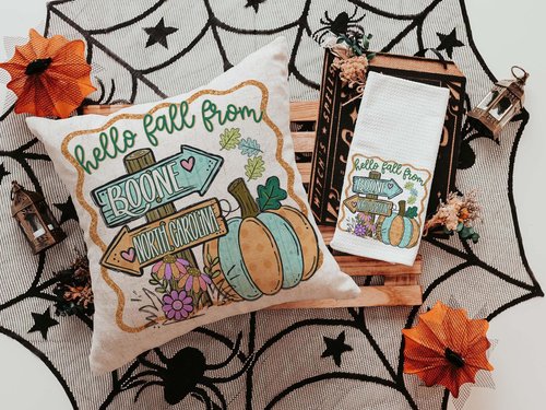 CapableByDesign Personalized hello fall from your city and state pillows and matching towels