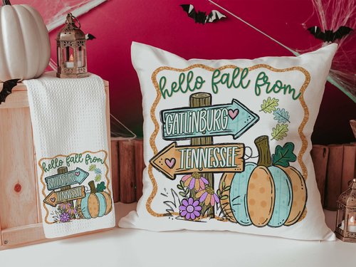 CapableByDesign Personalized hello fall from your city and state pillows and matching towels