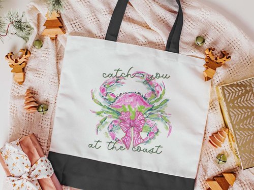 Catch you at the coast coquette watercolor crab tote bag