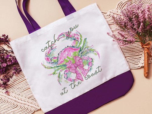 Catch you at the coast coquette watercolor crab tote bag