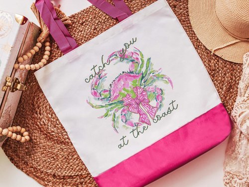 CapableByDesign pink watercolor catch you at the coast, crab beach bags