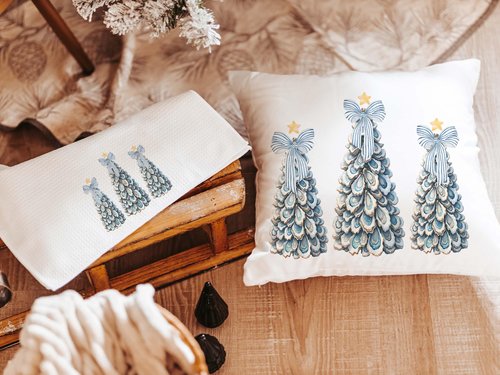 CapableByDesign oyster shell Christmas tree Christmas pillows and matching towels