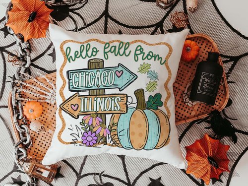 CapableByDesign Personalized hello fall from your city and state pillows and matching towels