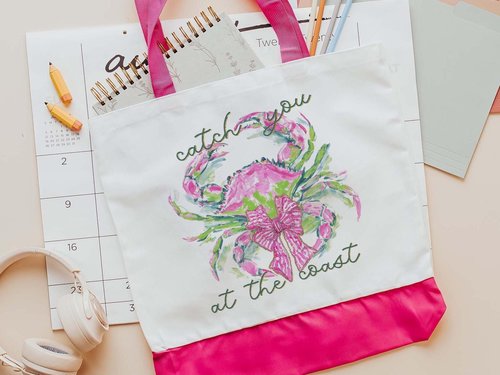 Catch you at the coast coquette watercolor crab tote bag