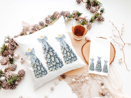 CapableByDesign oyster shell Christmas tree Christmas pillows and matching towels