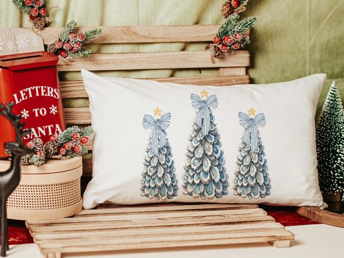 CapableByDesign oyster shell nautical Christmas tree trio throw pillow and matching towels