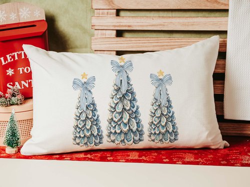 CapableByDesign oyster shell nautical Christmas tree trio throw pillow and matching towels