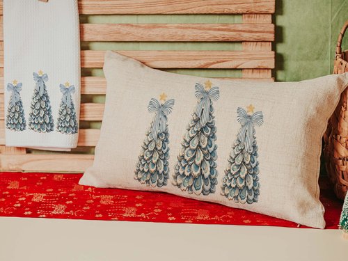 CapableByDesign oyster shell nautical Christmas tree trio throw pillow and matching towels