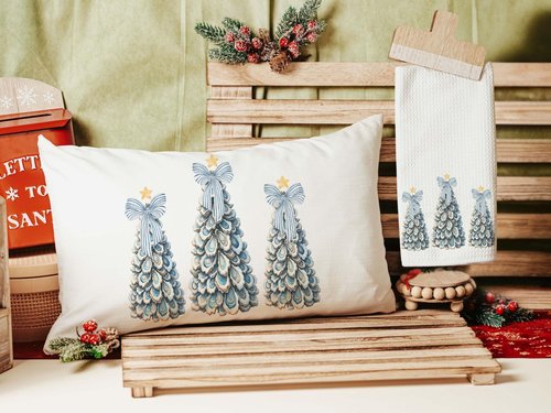 CapableByDesign oyster shell nautical Christmas tree trio throw pillow and matching towels