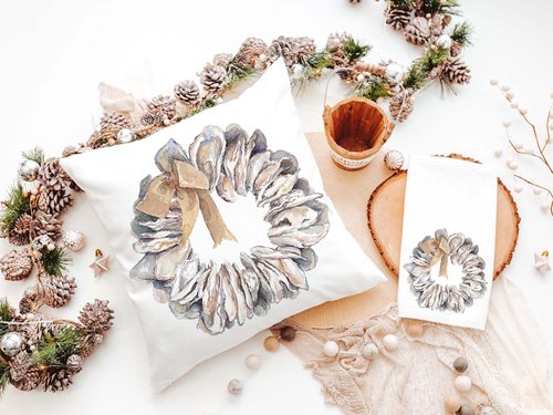 CapableByDesign oyster shell throw pillows and matching towels
