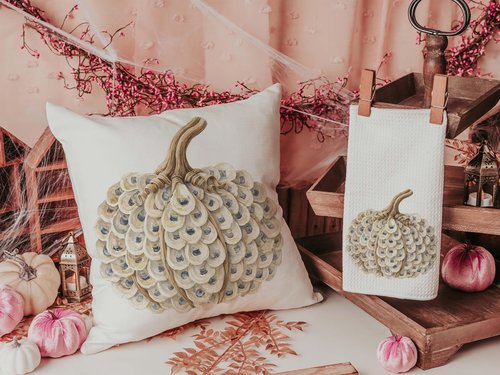 CapableByDesign Oyster shell pumpkin throw pillows and towels