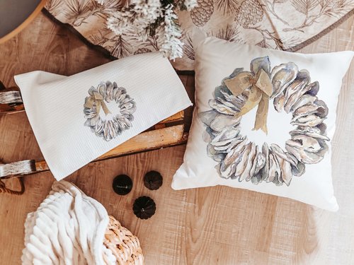 CapableByDesign boho oyster shell throw pillows and matching towels