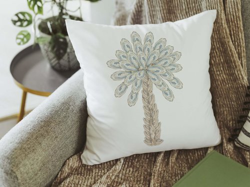CapableByDesign oyster palmetto tree throw pillows and matching towels